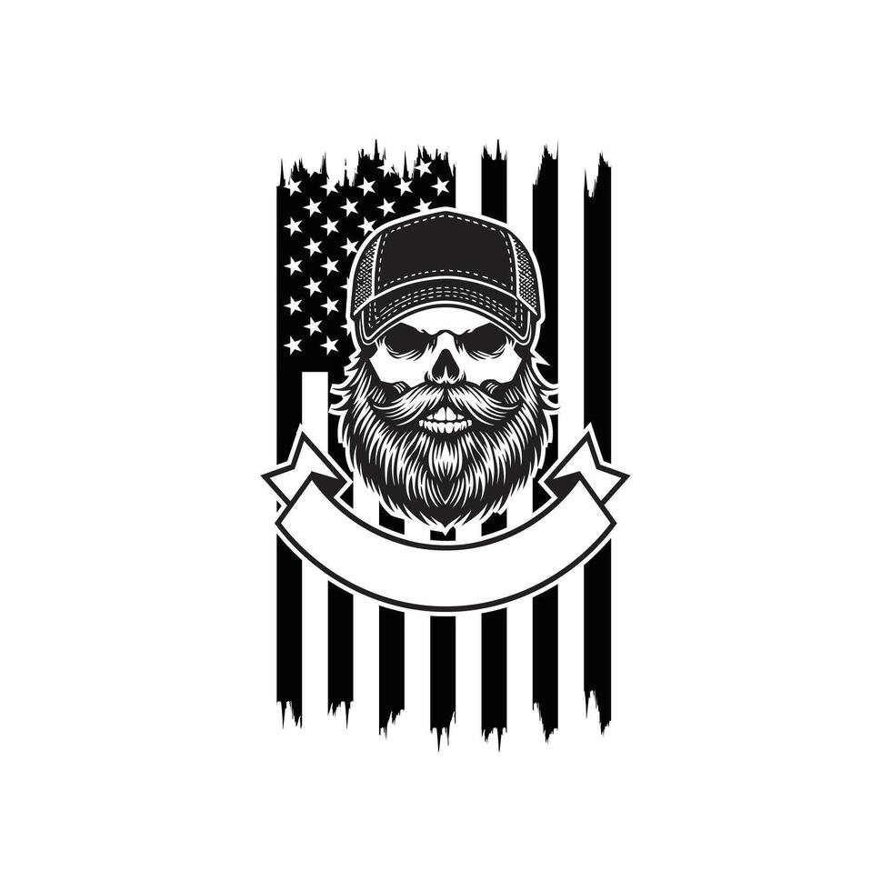 Patriotic Biker Emblem - Bearded Skull with American Flag Background vector