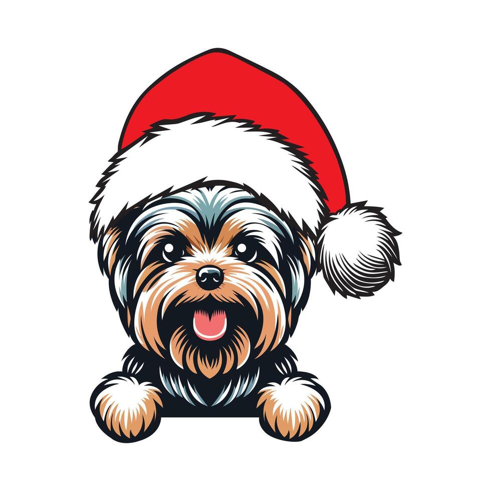 Yorkshire Terrier dog with Santa Hat illustration, Cute Dog Peeking Face isolated, dog wearing Santa hat Art vector