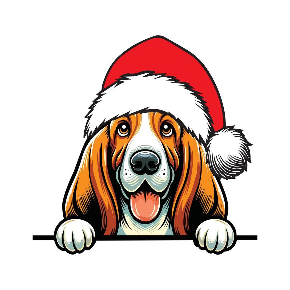 Basset Hound dog with Santa Hat illustration, Cute Dog Peeking Face isolated, dog wearing Santa hat Art vector
