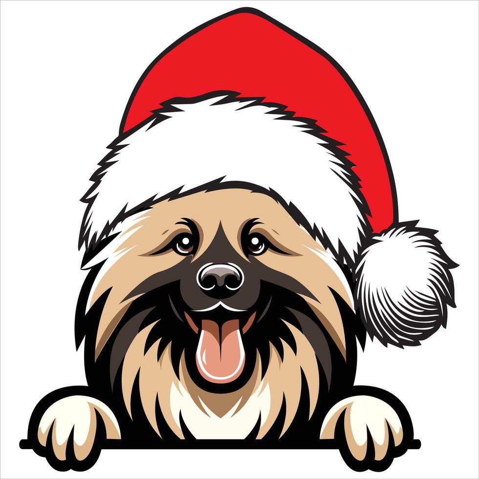 Keeshond Dog with Santa Hat illustration, Cute Dog Peeking Face isolated, dog wearing Santa hat Art vector
