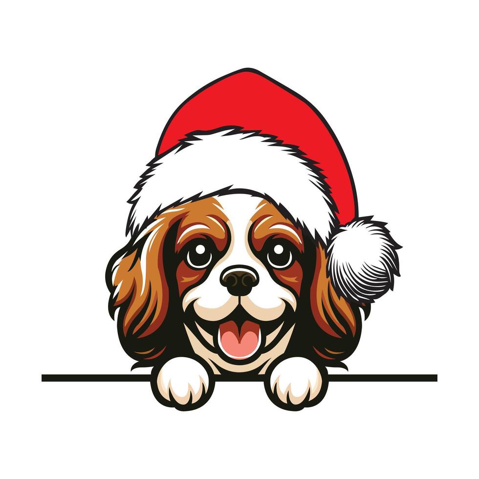 Cavalier King Charles Spaniel dog with Santa Hat illustration, Cute Dog Peeking Face isolated, dog wearing Santa hat Art vector