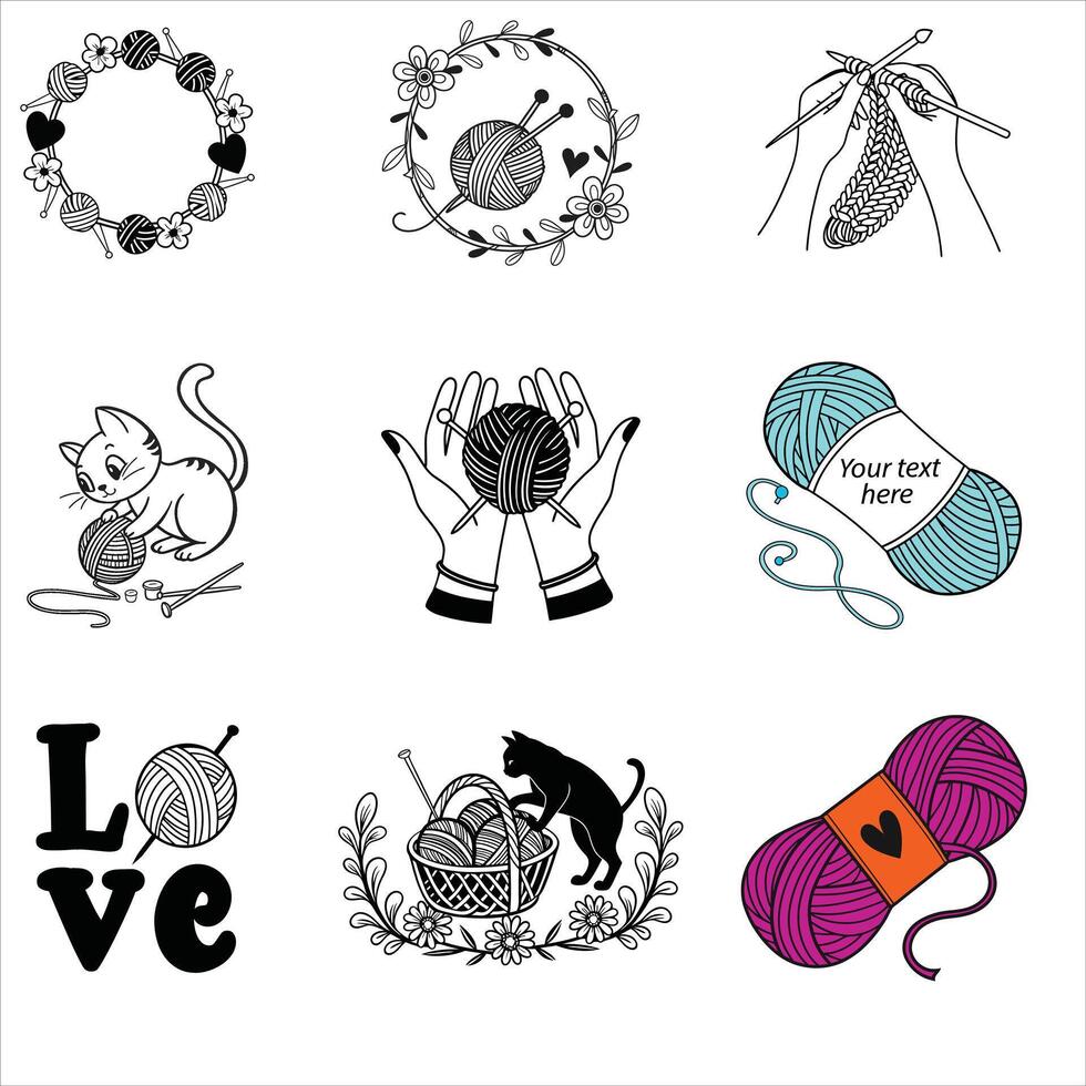 Knitting and Floral Illustration Collection with Yarn Clipart Bundle vector