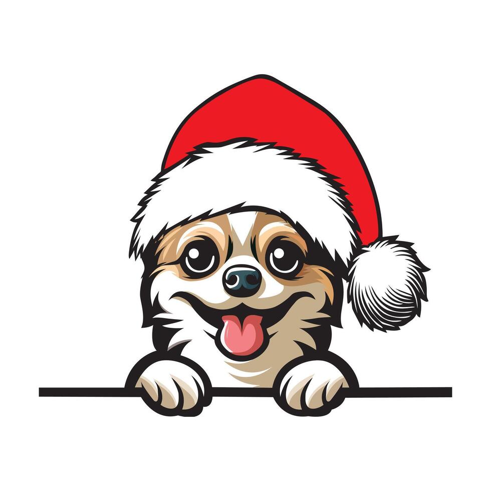 Chihuahua Dog with Santa Hat illustration, Cute Dog Peeking Face isolated, dog wearing Santa hat Art vector
