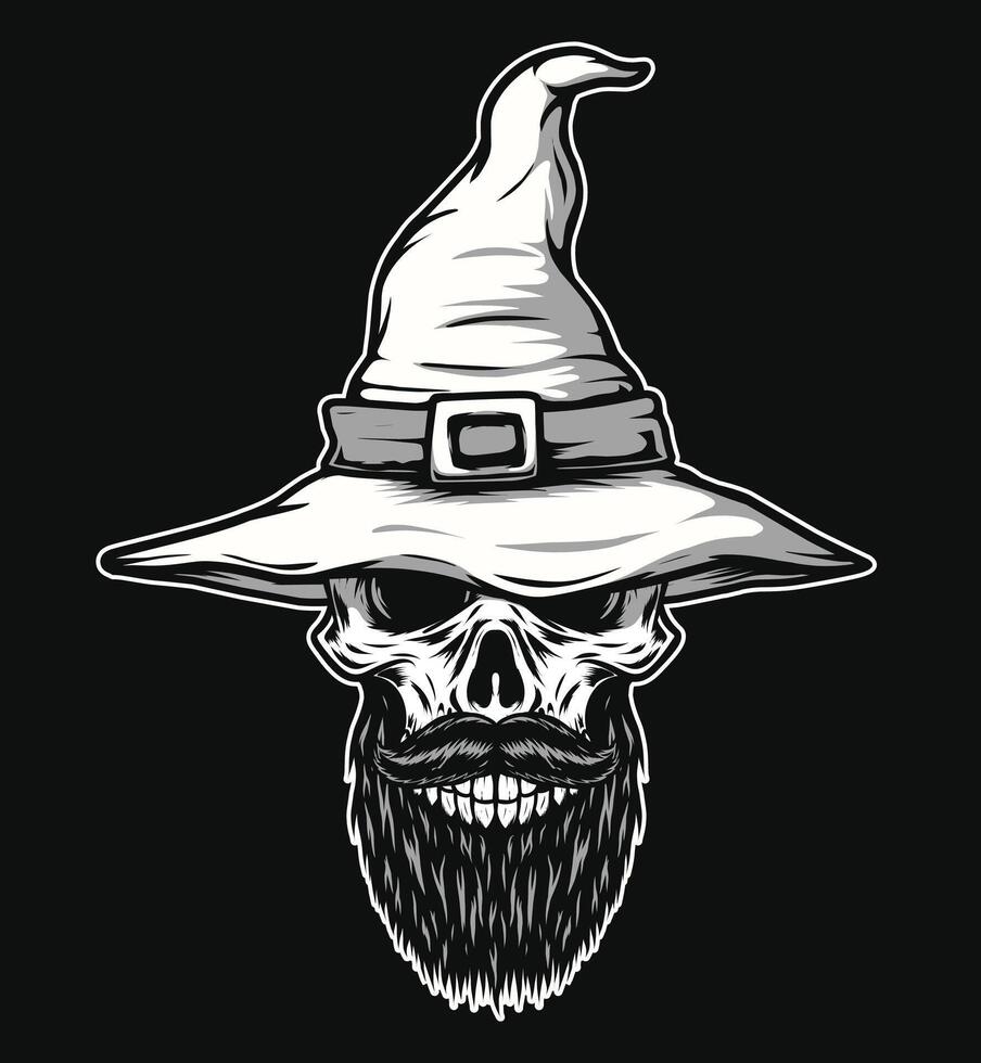 Witch Skull Illustration, Black and white color vector