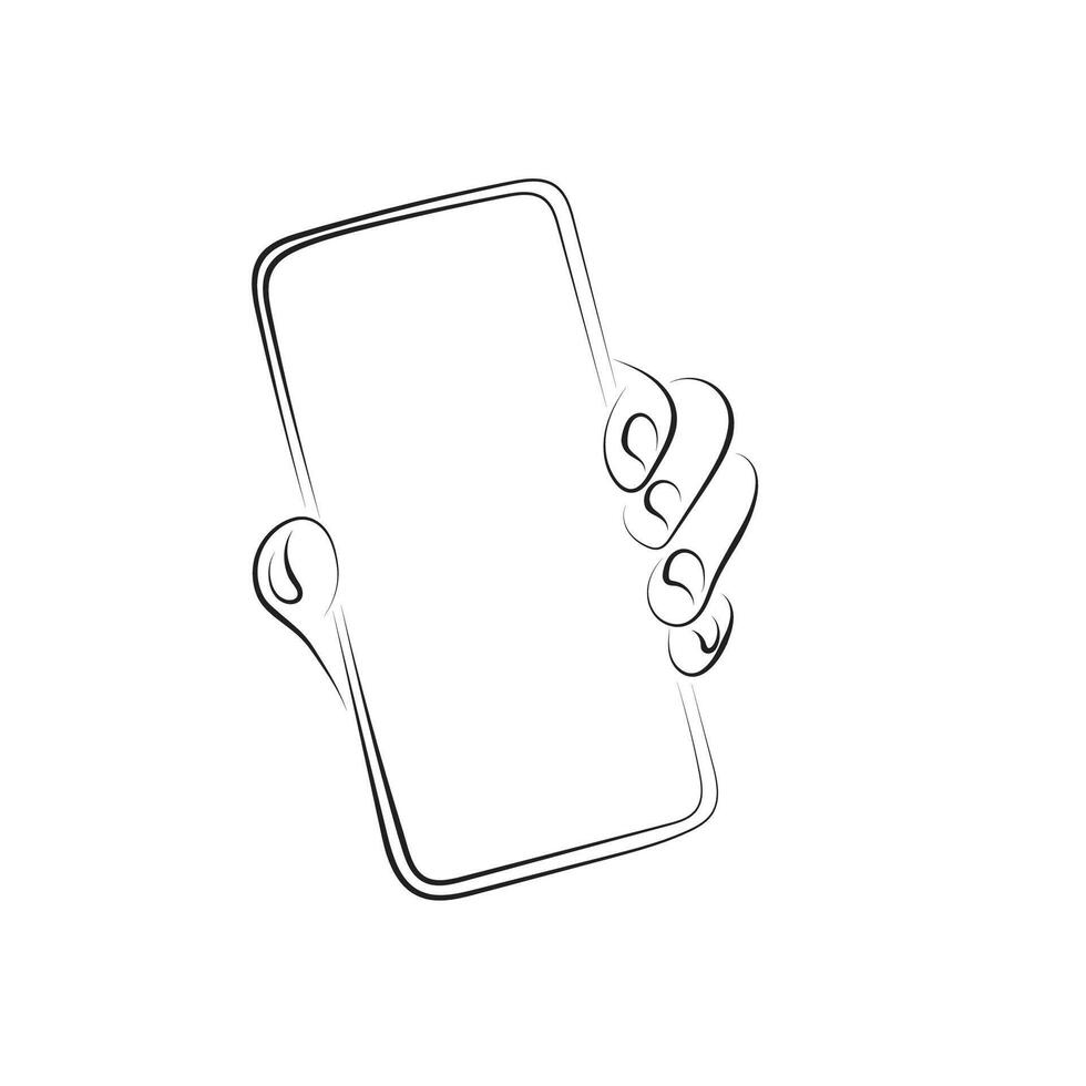 closeup hand holding a smartphone illustration hand drawn with black lines isolated on white background. vector