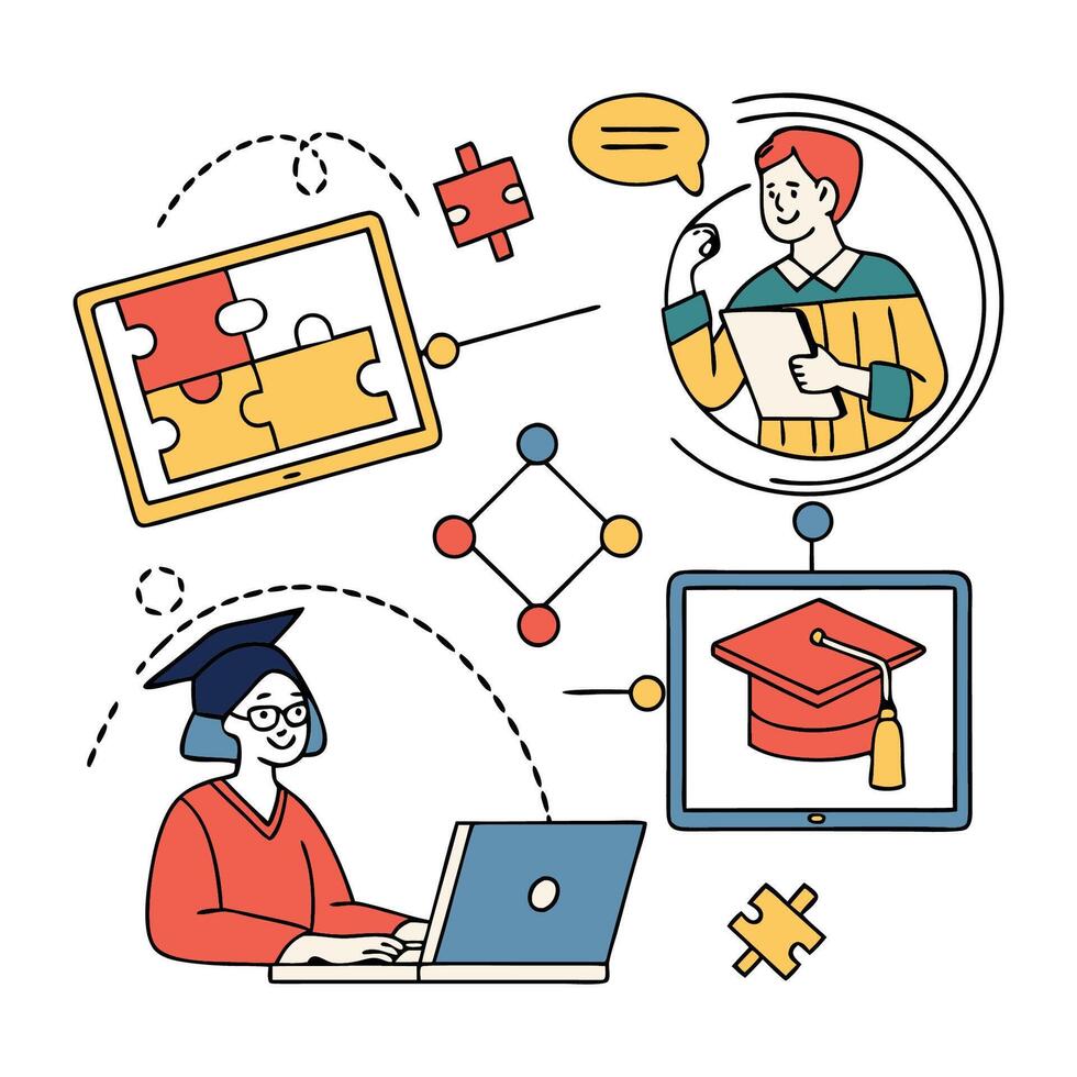 A woman is using a laptop and a graduation cap vector