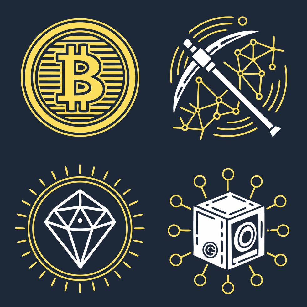 Four different icons for bitcoin, bitcoin mining, and mining vector