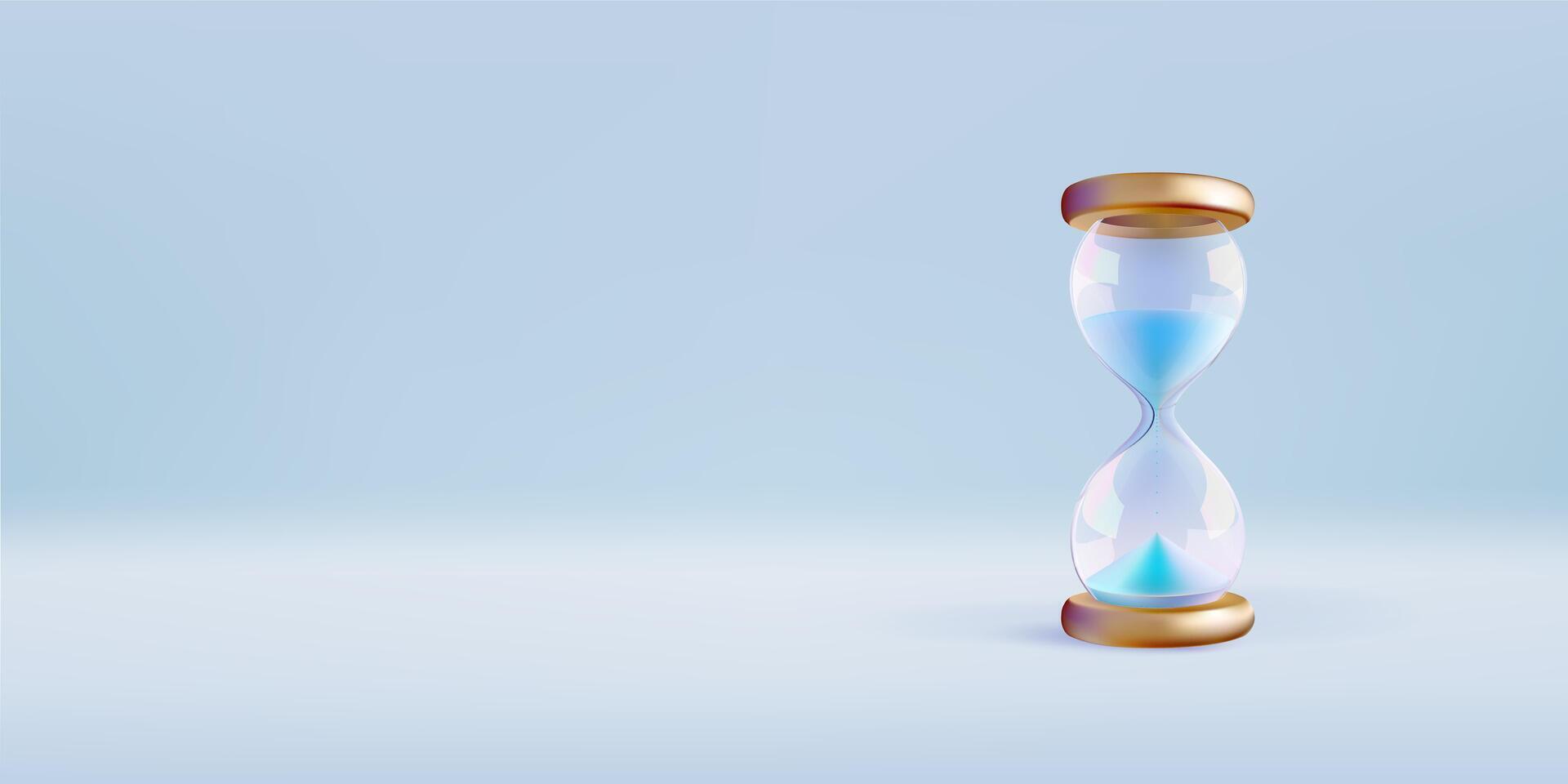 Hourglass banner template. Time budget 3d concept on blue background. Dont miss promo hour. Blue sand in glass bulb count minute seconds. Sale timer countdown. Tax payment reminder vector