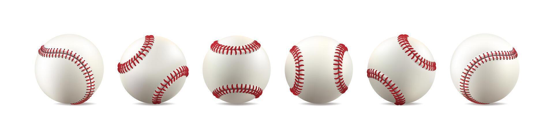 Baseball ball clipart. Set of white leather softball, vintage line of red stiches. 3d isolated mockup. Player equipment mockup team logo. Realistic fastball catch drawing, sport club element vector