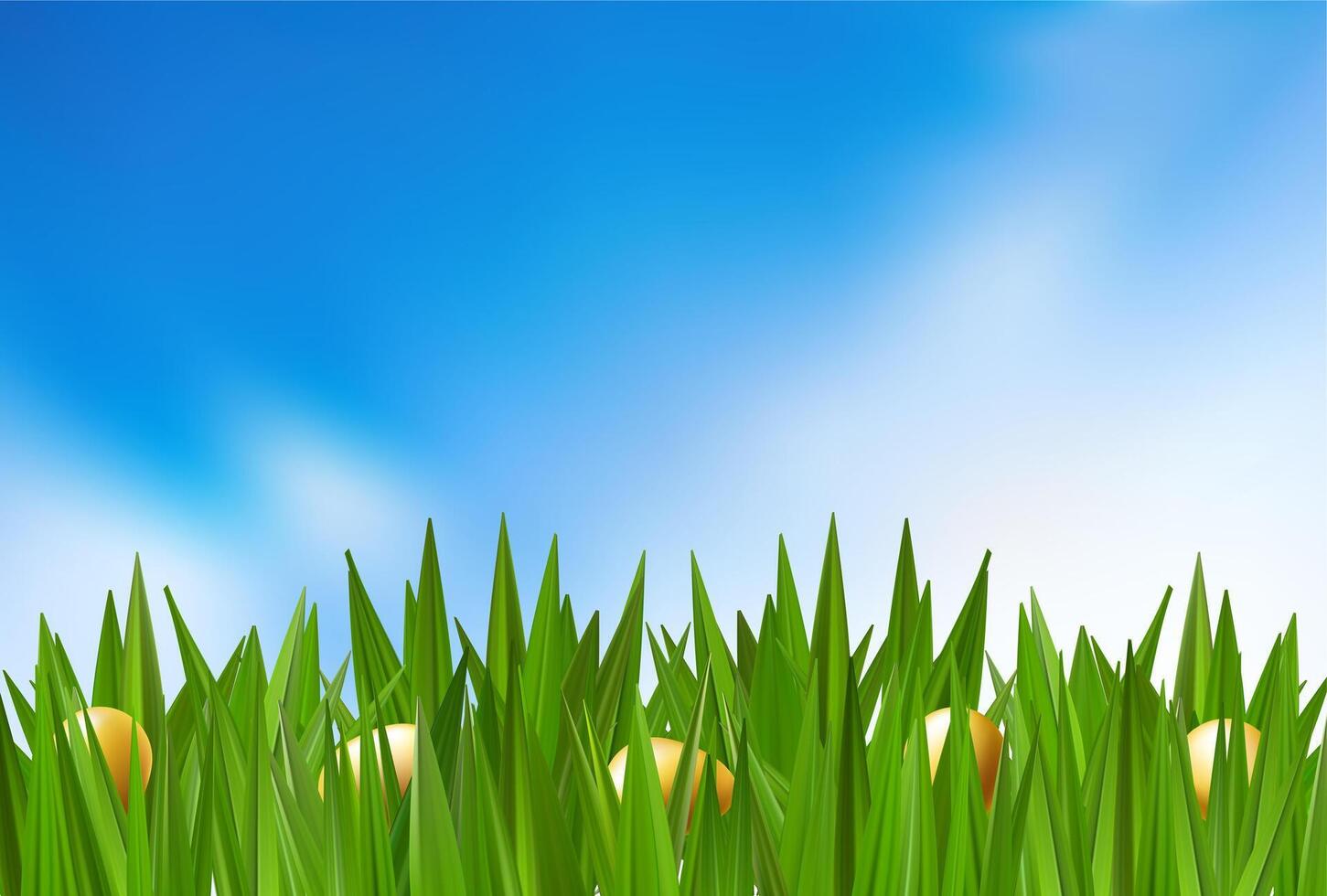 Colored chocolate eggs in green grass, Easter field with chocolates hunt. Spring meadow happy child holiday. 3d banner border. Garden outdoors greeting, cute event gift concept. Blue cloudy sky vector