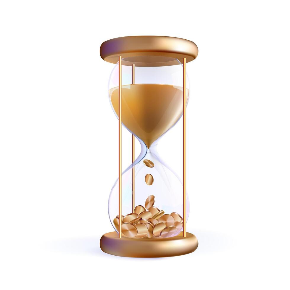 3d hourglass, sand to money. Glass clock count time and missed budget. Shop hour alarm countdown. sandglass icon. Pension revenue gold timer concept. Deposit payment realistic promo period. vector