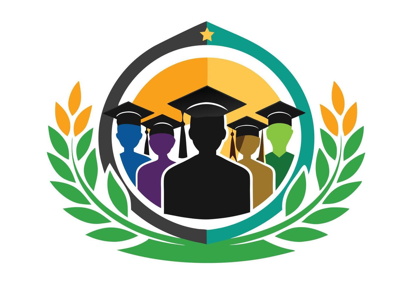 A stylized graphic featuring silhouettes of graduates in academic regalia. vector