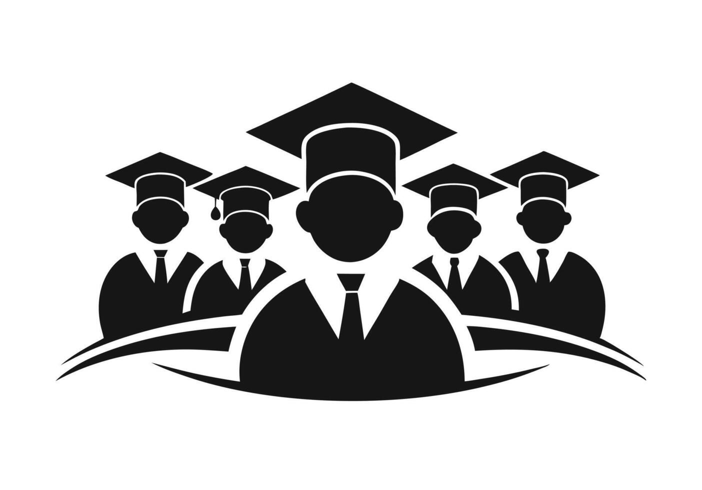 A black and white graphic illustration of a group of graduating students, wearing academic caps and gowns. vector