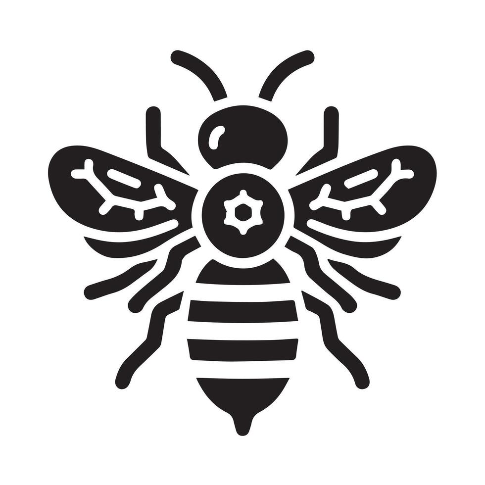 A stylized, graphic black and white bee illustration, surrounded by floral elements. vector