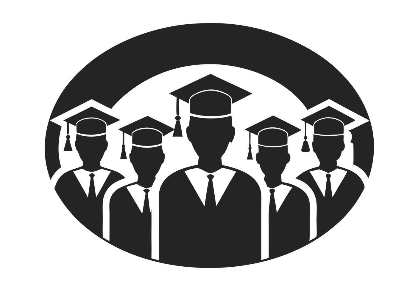 A black and white graphic design showcases three graduating students within a circular laurel wreath. vector