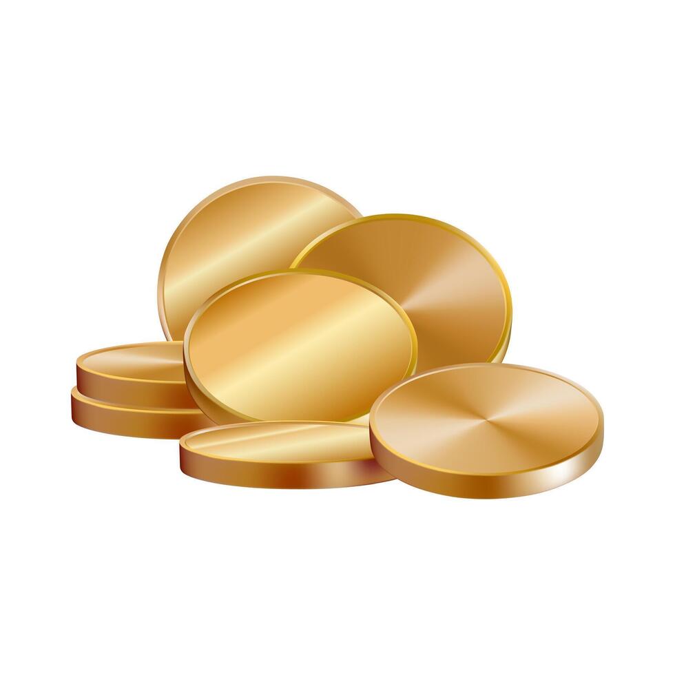 Gold coin flying 3d, Money spin side top view render. Golden insurance empty badge. Gamble slot isolated background. Casino prize explosion icon with falling game circle chips. Dollar cash jackpot vector
