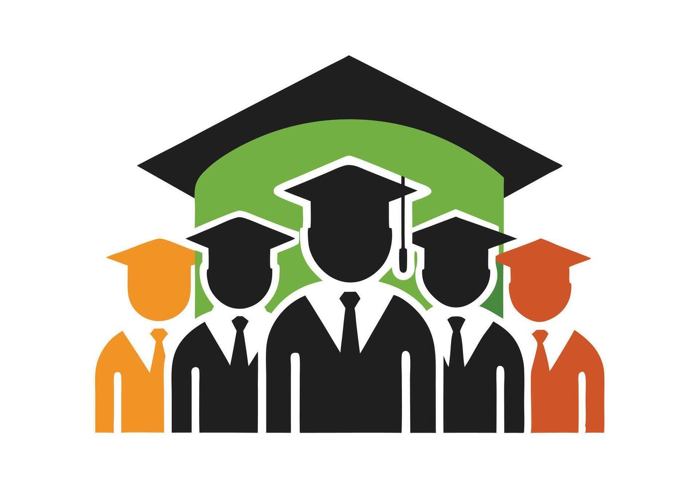 A black and white graphic depicting five graduating students in silhouette form, wearing graduation caps and gowns. vector