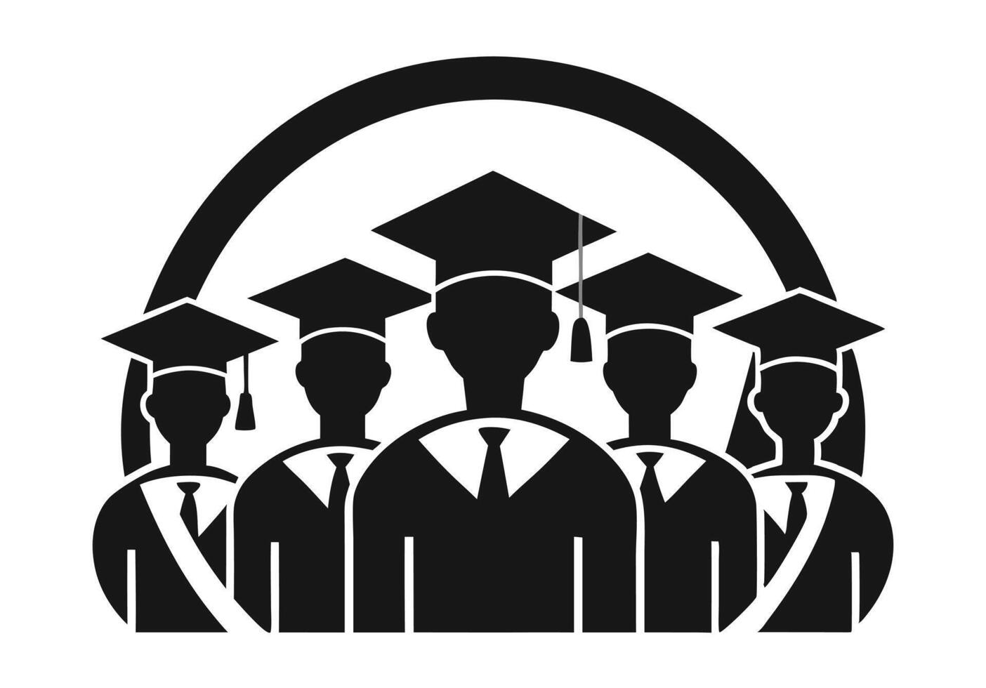 This stock photo features a group of stylized silhouettes of graduates wearing academic caps and gowns. vector