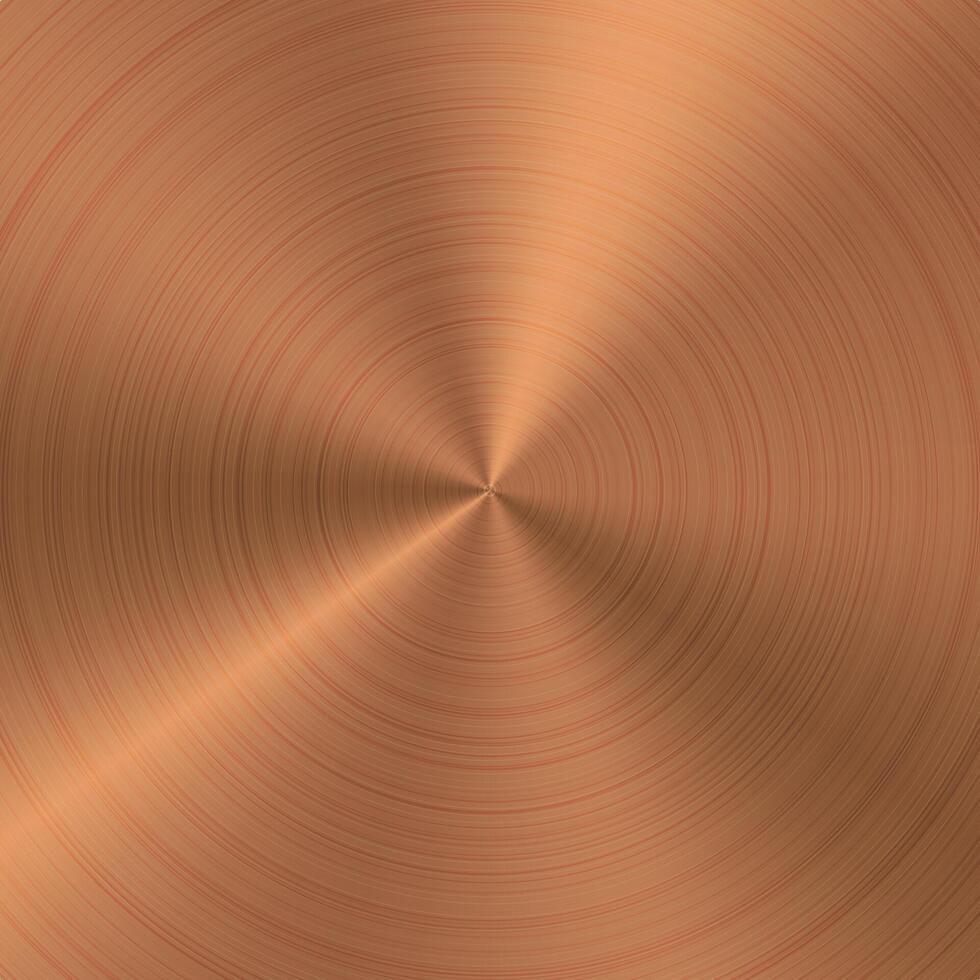 Bronze color effect holographic radial metal finish. Circle gradient of brushed copper surface texture. Brown disk structure gradation background. Circular scratched foil plate. Solid polished sheet vector