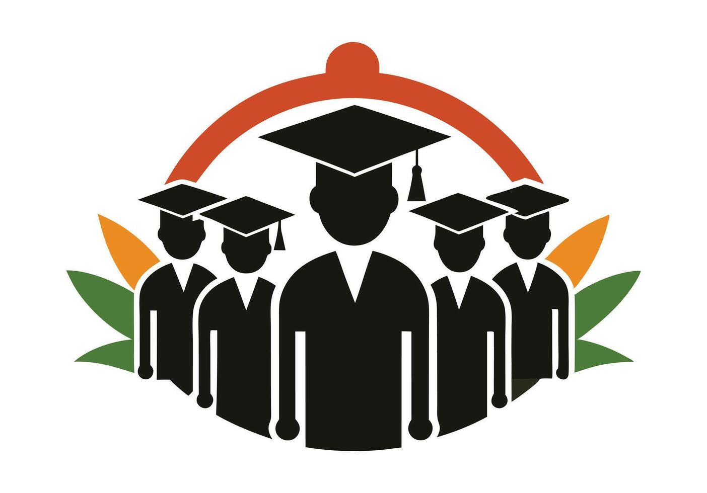 This graphic shows a group of graduates, each wearing a graduation cap and gown, positioned within a circular network. vector