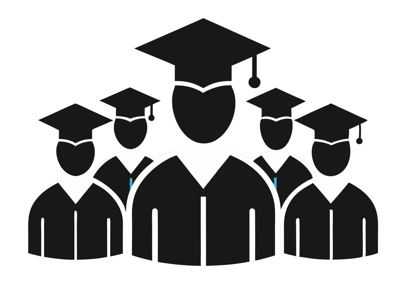 Simple black silhouettes of four graduates wearing graduation caps and gowns on a white background. vector