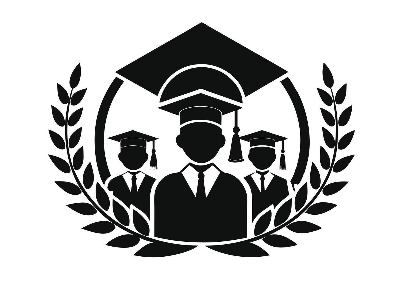 A black and white graphic of four graduates in formal attire, wearing graduation caps. vector