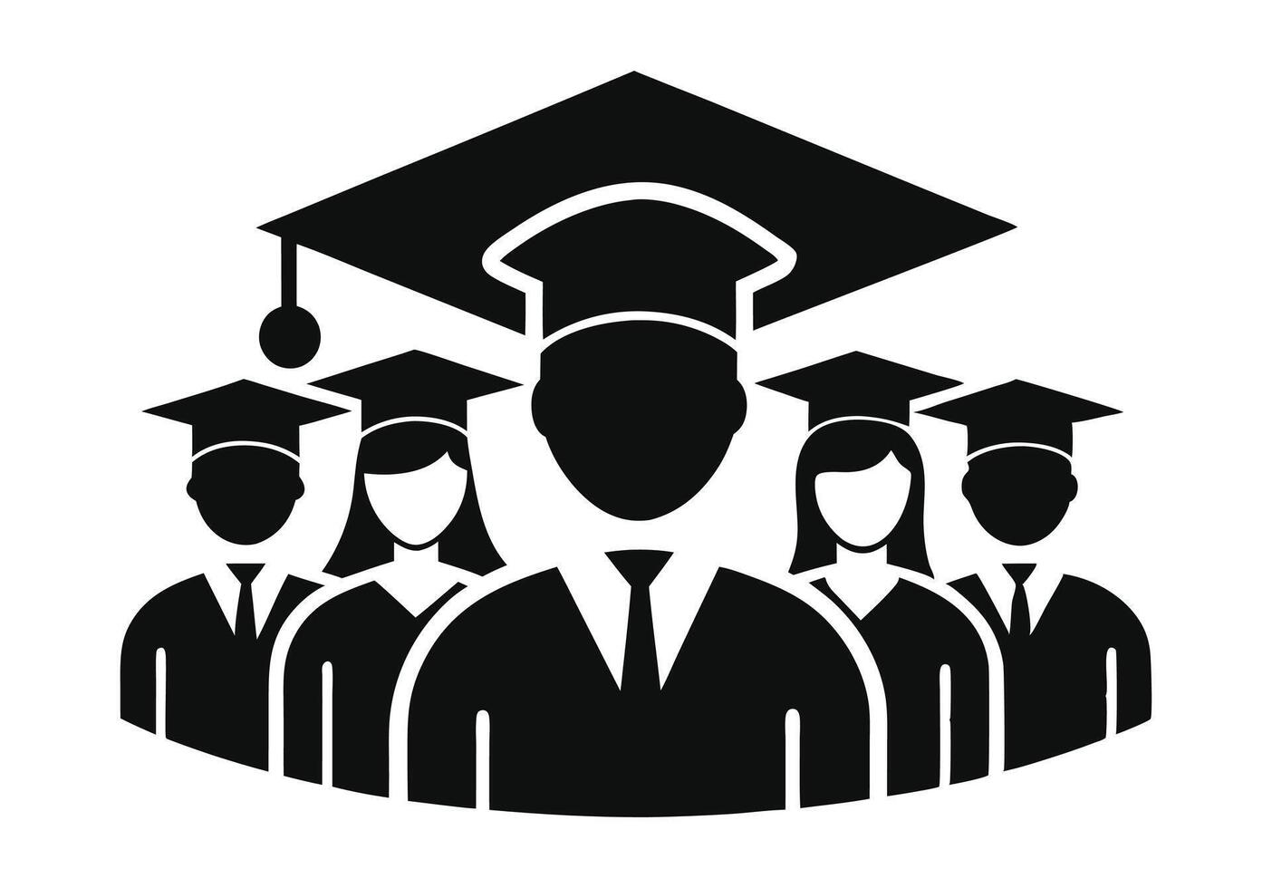 A black and white graphic of three graduates wearing graduation caps and gowns, surrounded by an olive wreath and stars. vector