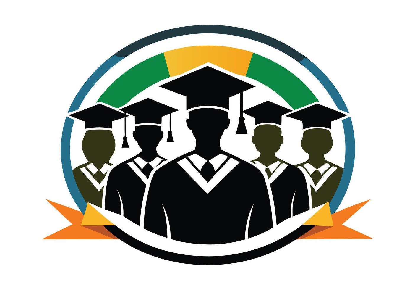 This black and white graphic depicts three graduating students in silhouette, wearing graduation caps and gowns, encircled by a ribbon. vector