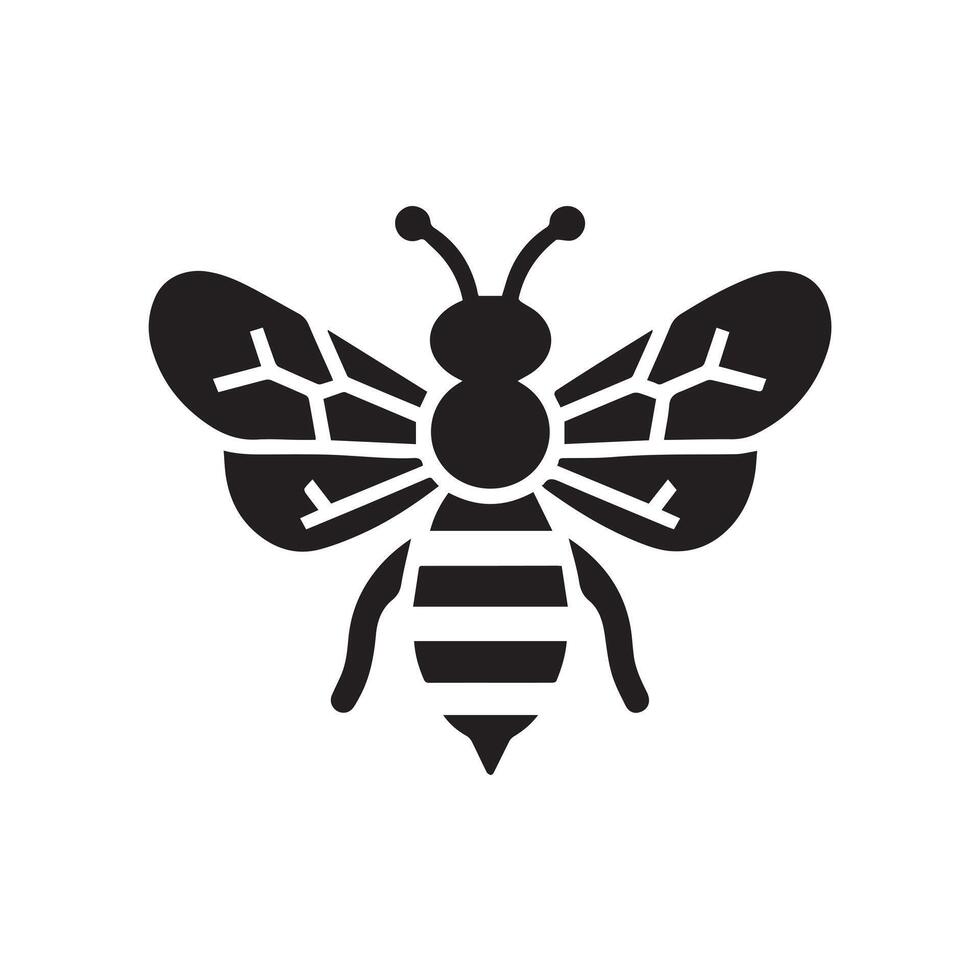 A stylized, black and white silhouette of a bee with intricate, leaf-patterned wings. vector