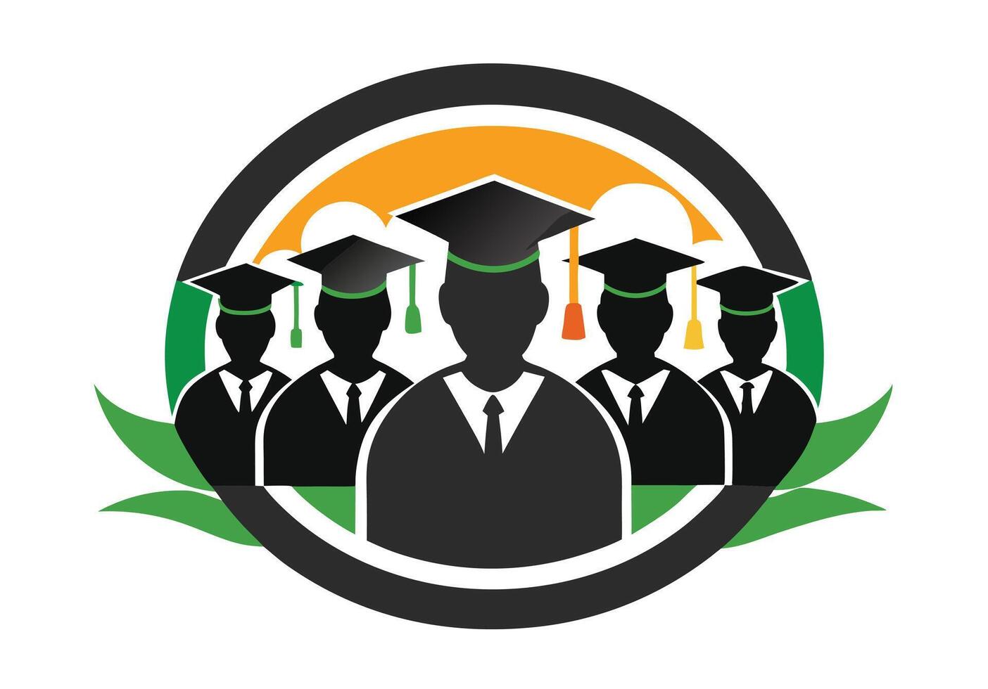 This graphic depicts a circular group of diverse graduating students wearing graduation caps and gowns. vector