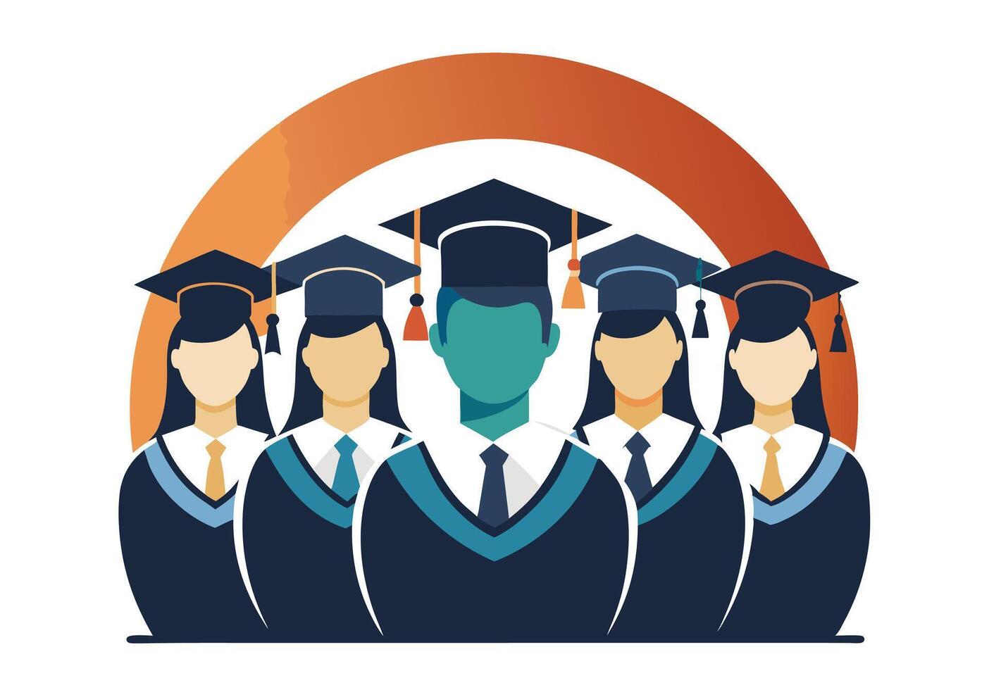 This black and white graphic design shows a group of people wearing graduation gowns and mortarboards, forming a stylized academic achievement emblem. vector