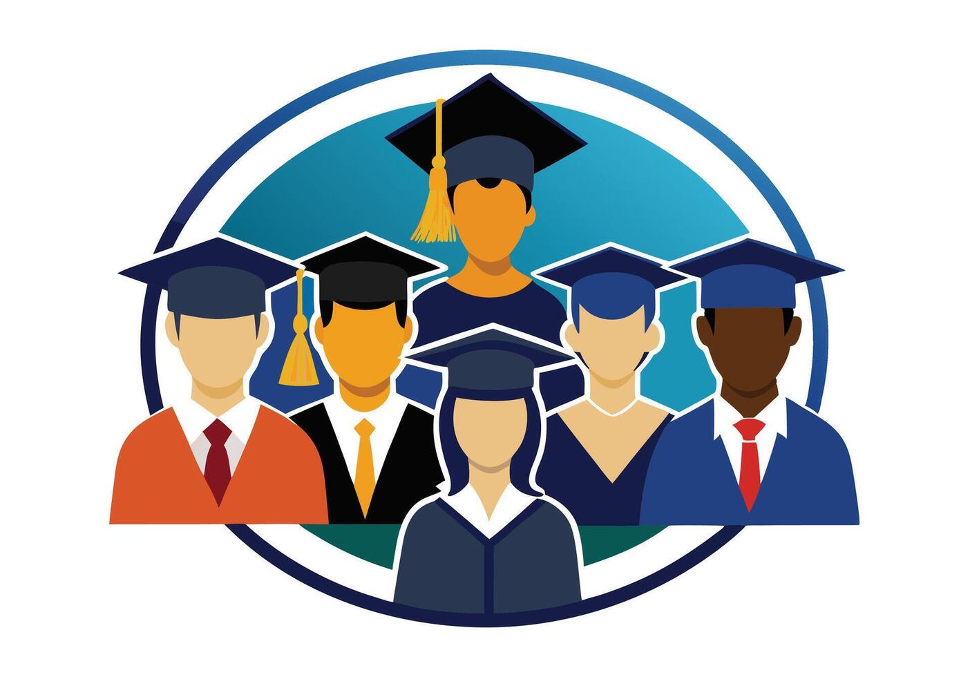 A stylized graphic design showcasing a group of graduates wearing academic caps and gowns. vector