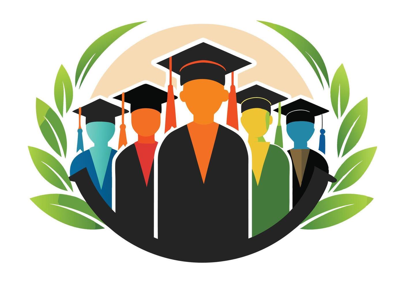 Silhouette illustration of four diverse graduates wearing graduation caps and gowns. vector