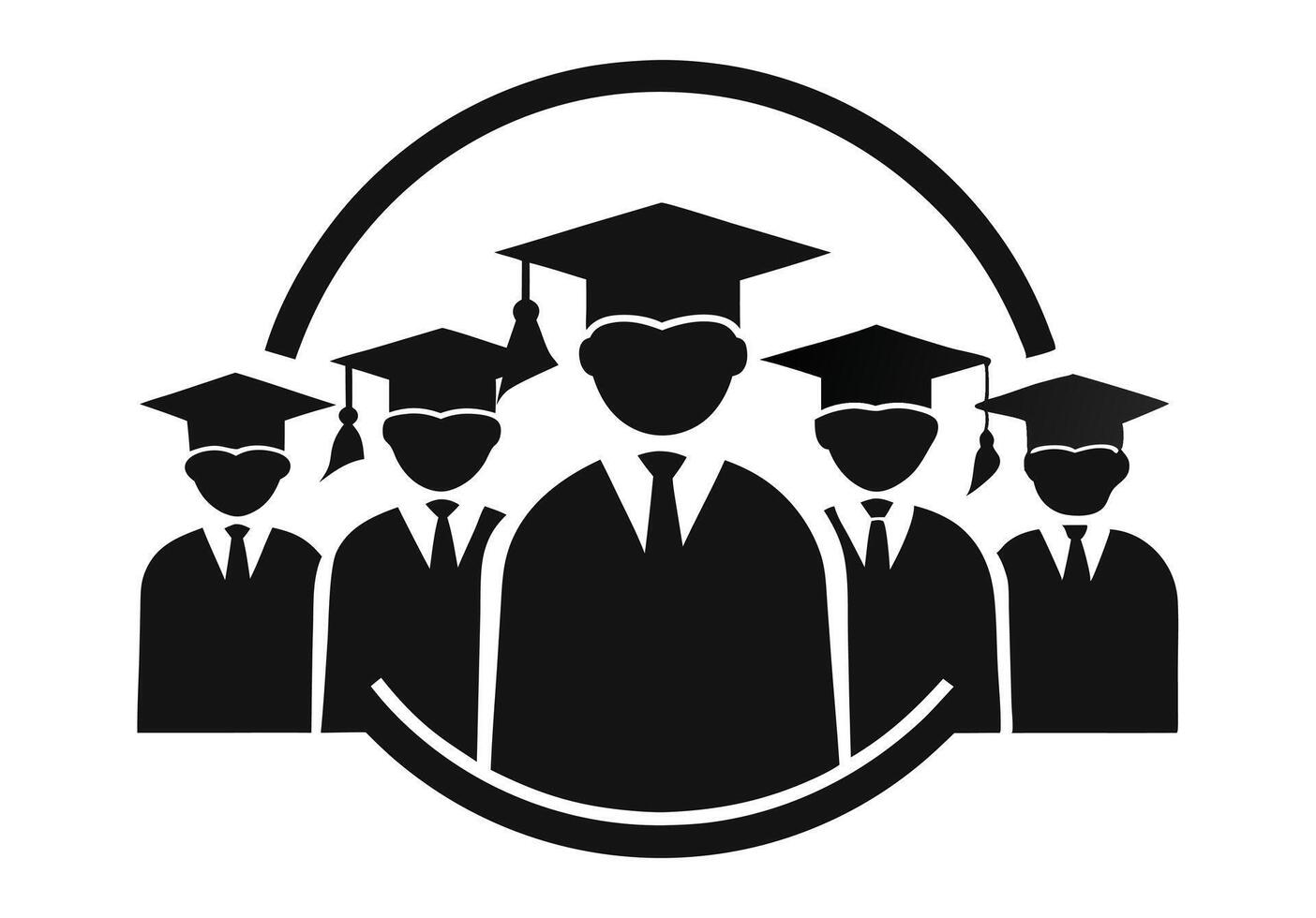 This black and white silhouette graphic shows five graduates wearing graduation caps and gowns, positioned beneath a curved arch. vector