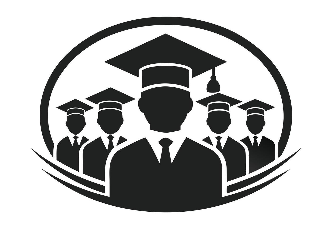 A stylized icon depicting three graduates wearing graduation caps and gowns, framed by a laurel wreath. vector
