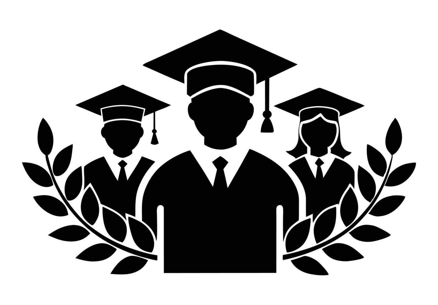 A simple, impactful graphic of four graduates in silhouette, wearing graduation caps and gowns. vector