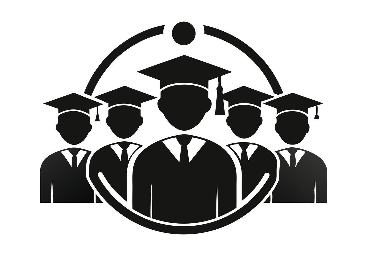A stylized graphic of five graduating students wearing graduation caps and gowns, arranged in a circle. vector