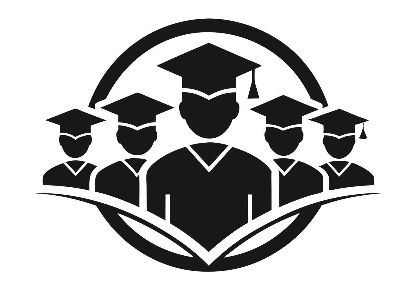 A graphic of a group of graduates in academic regalia, wearing graduation caps and gowns, arranged within an oval shape. vector