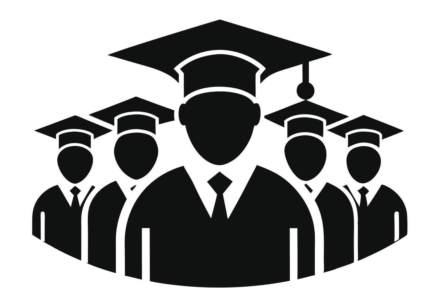 A black and white graphic of three graduating students beneath a graduation cap, encircled by a laurel wreath. vector