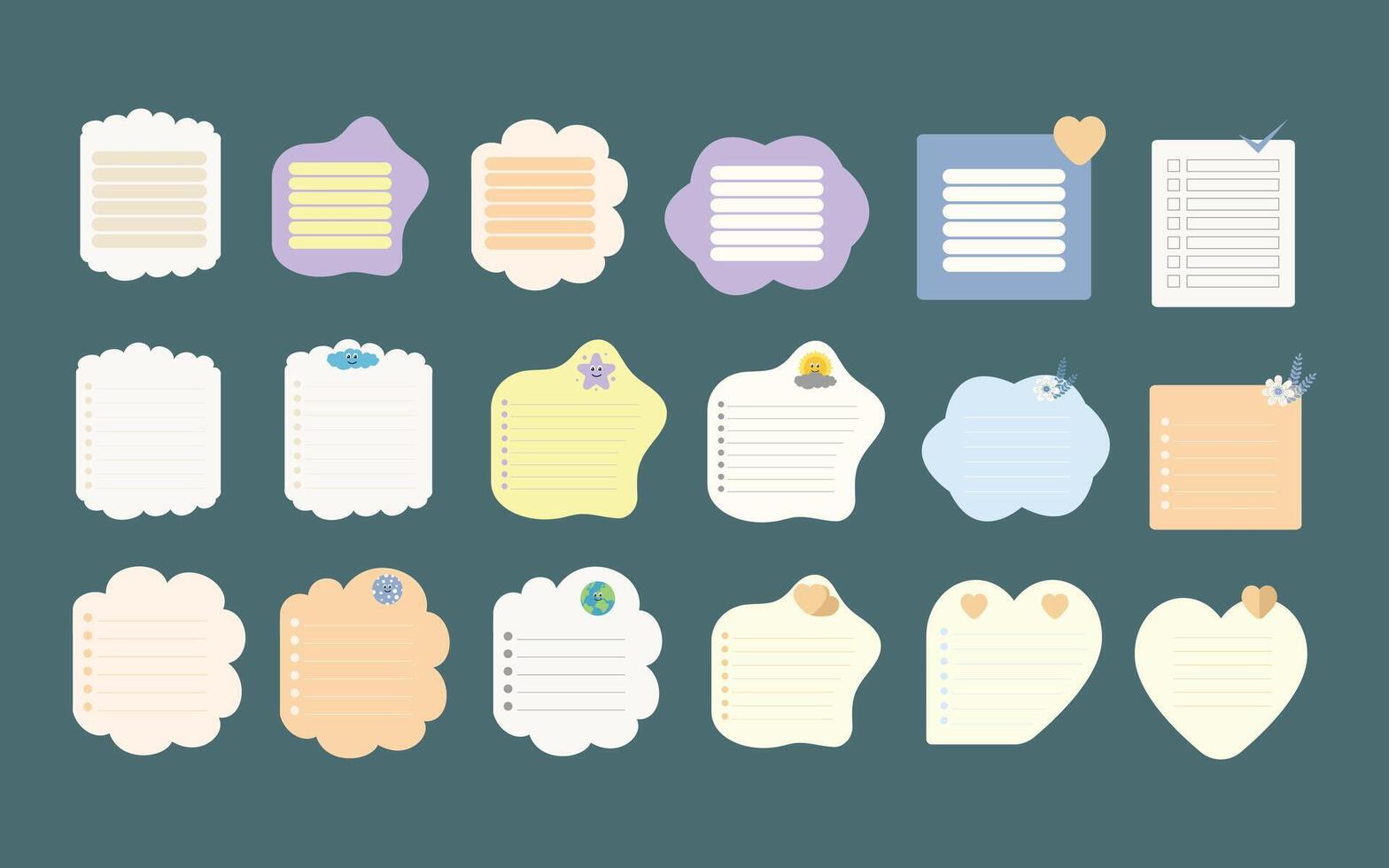 Cute paper notes for daily or weekly planner. Memo sheet stickers, hand drawn notebook sheets and blank diary decoration elements vector
