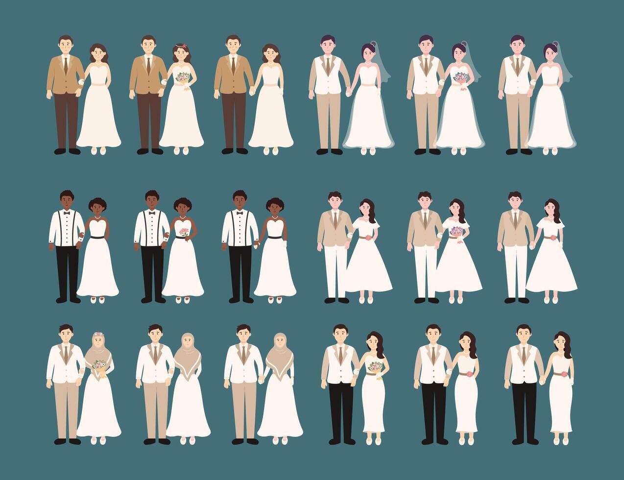 Set of wedding couple groom and bride. Couple in standing poses, holding hands, carrying flowers vector