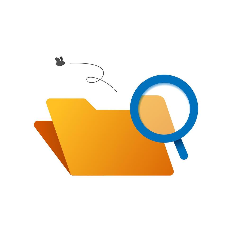 Flat illustration of an empty folder with a magnifying glass and a fly. Perfect for concepts like file not found, missing documents, data loss, or system bugs. Web design and error page illustrations vector