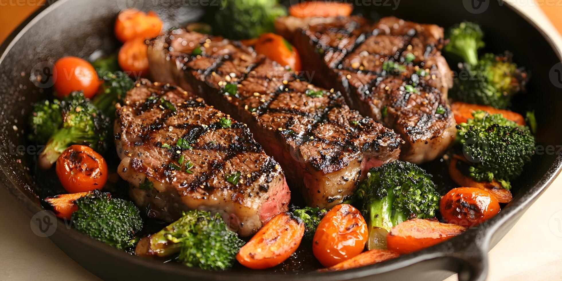 Grilled steak with broccoli and tomatoes in a skillet photo