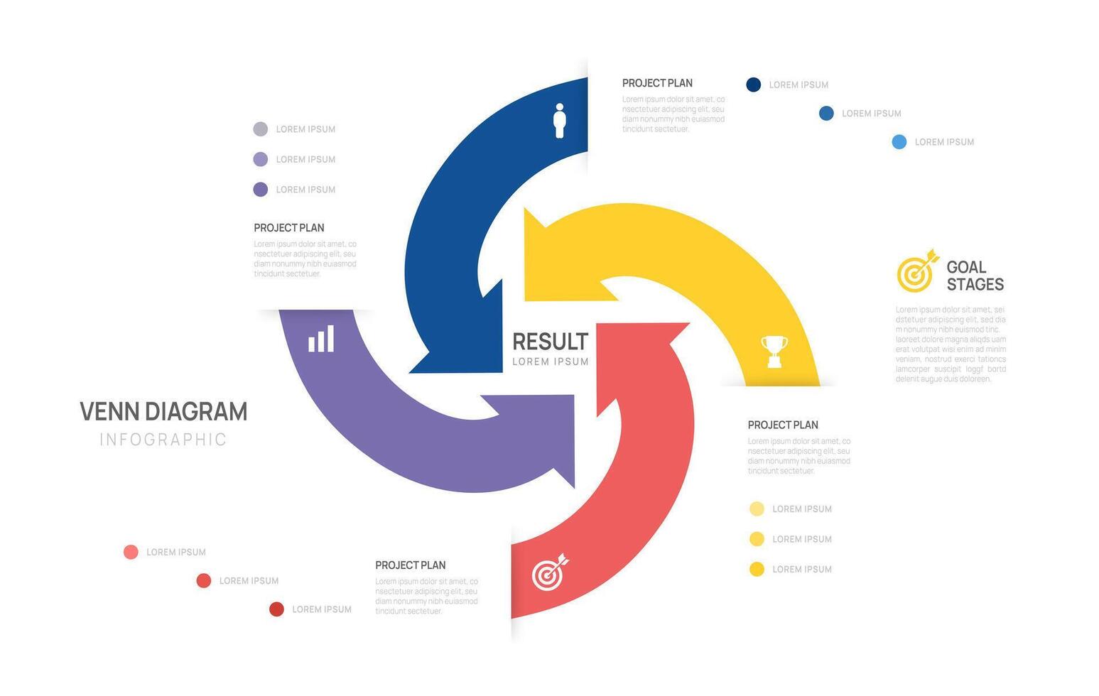 Venn diagram infographic arrow chart template for business start up presentation illustration. vector