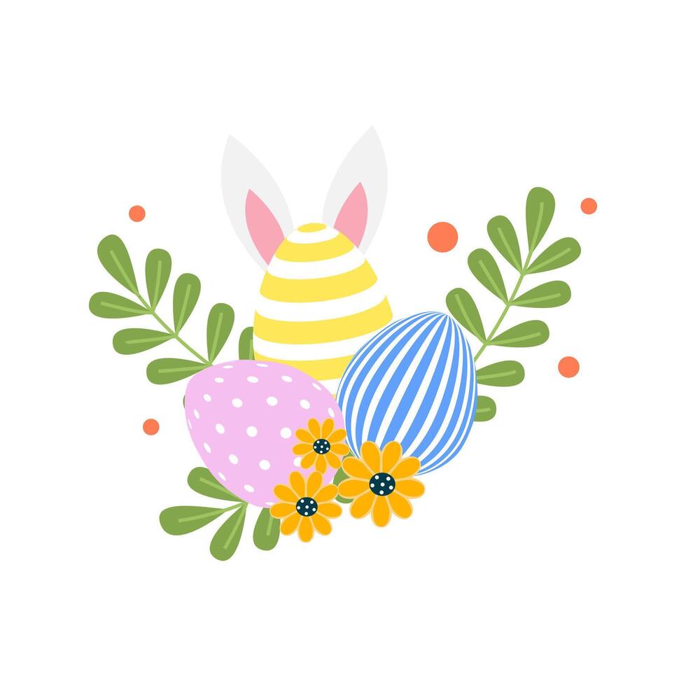 Easter Eggs with Bunny Ears Flowers and Green Leaves vector