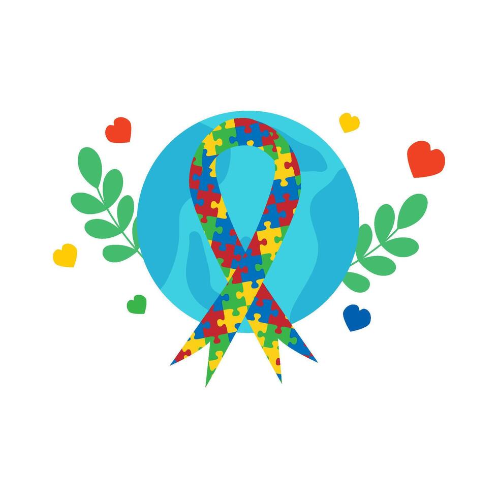 Global Autism Awareness Ribbon with Hearts and Leaves vector