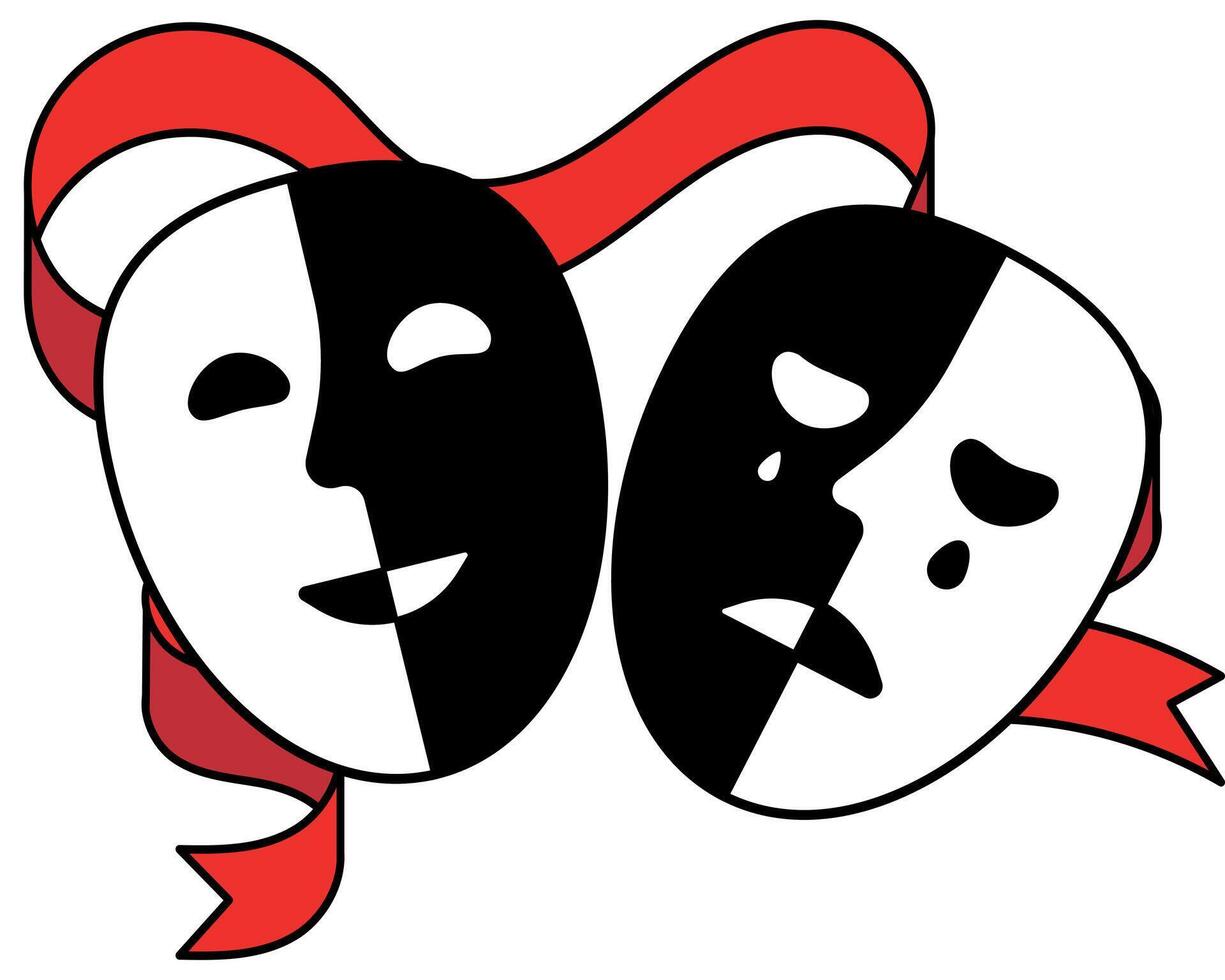 Theatre Masks with a ribbon, tragedy or comedy acting concept vector