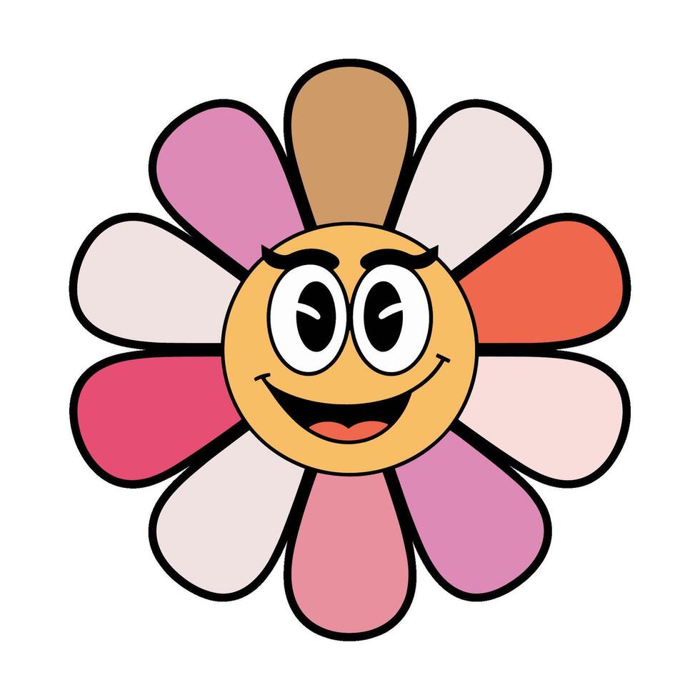 Cute retro character flower with a smiling face designed in a flat style vector
