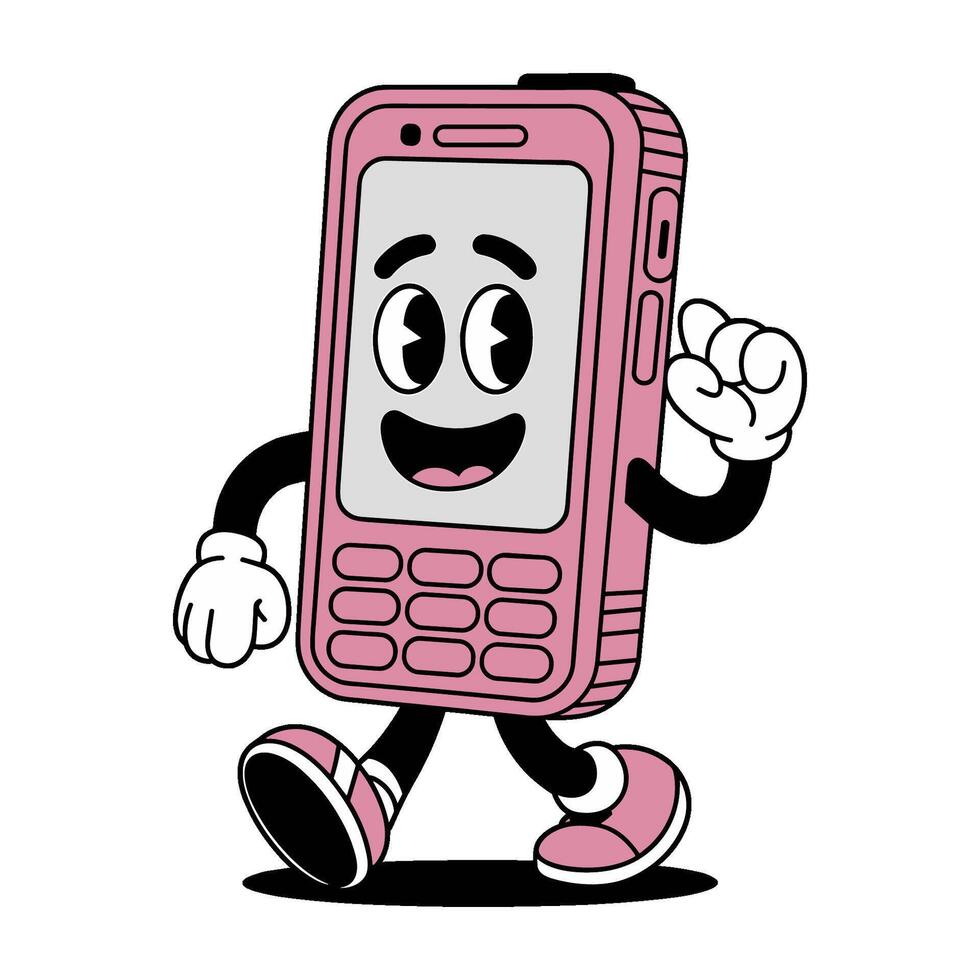 Cartoon illustration of retro mobile phone character with a happy face, arms, and legs, walking cheerfully vector