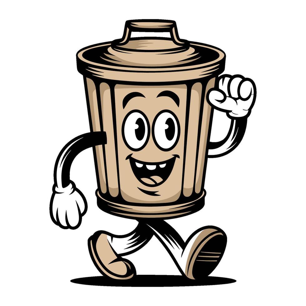 Cheerful anthropomorphic trash can character with expressive face, white gloves, and shoes walking energetically. Concept of cleanliness vector